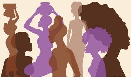 Silhouette profile group of women of diverse culture. Diversity multi-ethnic and multiracial people. Racial equality, anti-racism. Multicultural society. The concept of women, femininity, diversity.のイラスト素材