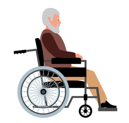 Elderly man in a wheelchair. Grandfather sitting on wheelchair, disabled senior gentleman posing in a wheelchair, on a walker needs medical careのイラスト素材