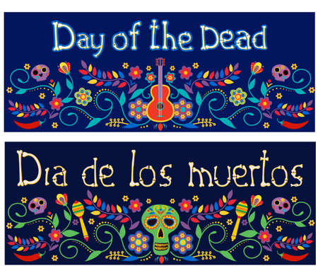 Day of the dead. Dia de los muertos, banners with colorful Mexican flowers. Fiesta, holiday posters, party flyers, fun postcards. Vector illustrationのイラスト素材