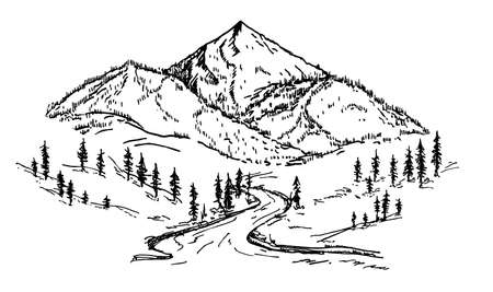 Mountain sketch with pine forest, engraving style, hand drawn vector illustration.のイラスト素材
