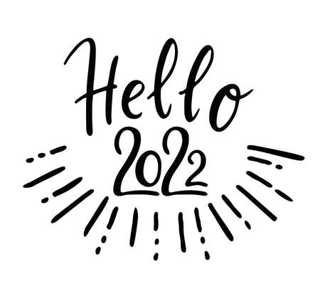 Hello 2022 hand drawn funny banner. New year concept. Hand drawn vector illustration isolated on white background.のイラスト素材