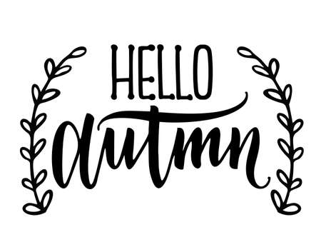 Hello autumn text, with leaves wreath. Isolated. Good for greeting card, poster, banner, textile print, home decor. Hello autumn design template print. Fall seasonのイラスト素材