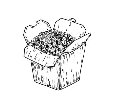 Rice Box Sketch. Rice Box hand draw icon. Wok with rice. Chinese, Japanese cuisine, fast food in box.のイラスト素材