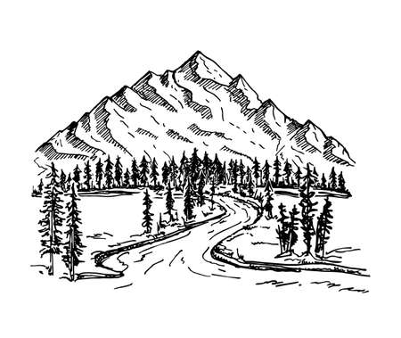 Mountain with pine trees and landscape black on white background. Alpine landscape, forest and mountains ranges. Hand drawn rocky peaks in sketch style. Vector illustration.のイラスト素材