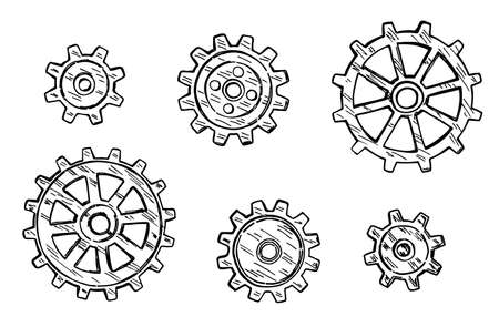 Gear icon. Technology Drawn in black ink on a white background. Vector sketch gear wheels. Drawn in ink on white backgroundのイラスト素材