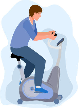 Man on a stationary bike, isolated on white background. Sports, Workout at home or in gym or in a rehabilitation center. Sport exercise bicycle. Cardio fitness training equipment. Vector illustrationのイラスト素材