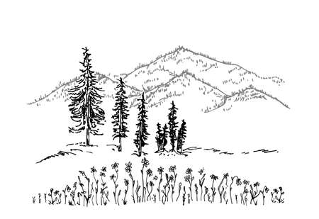 Hand drawn vector landscape with mountains, trees and flowers in mountain valley. Mountain peak icon logo design minimalistのイラスト素材