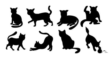 Set of cats Silhouettes on a white background. Elegant cat icons, funny cartoon curiosity black animal collection illustration isolated on white backgroundのイラスト素材