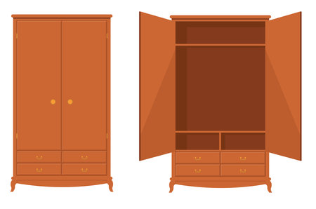 Wood wardrobe. Wooden empty dresser wardrobe vector illustration, wardrobe with drawer, shelves and hangers for bedroom interior design, brown emptying open flat cabinet. Vintage wardrobeのイラスト素材