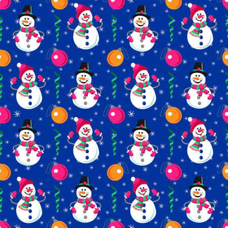 Seamless pattern of winter holidays snowman. Cheerful snowman and Christmas balls. Perfect for...