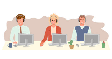Call Center agents. Call center, hotline flat vector illustrations. Smiling office workers with headsets cartoon characters. Customer support department staff, telemarketing agents.のイラスト素材