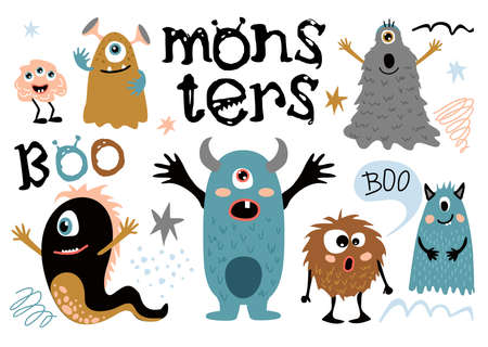 Cartoon furry monsters. Cute creatures with fun face, little funny symbols of horror, humor...