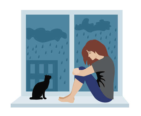 Woman with depressive thinking. Cartoon unhappy girl sitting on the windowsill. Concept of anxious feeling, vector illustration of sadness character isolated on white. Depressed woman and cat.のイラスト素材