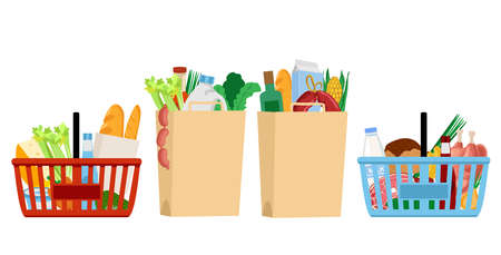 Grocery food basket. Eco shopping bags and baskets with food. Food basket and food bags from the supermarket. Vector illustrationのイラスト素材