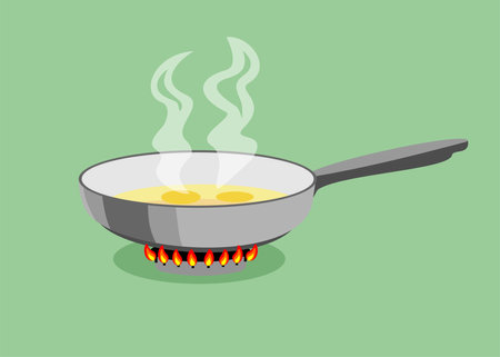 Cooking in home pan. Cartoon steel cooking pots with cooking food, concept of home dinner on stove, flaming gas burner heats kitchenのイラスト素材