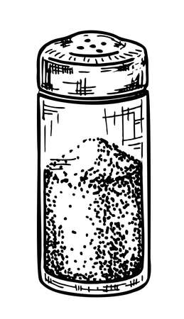 Hand draw of a salt shaker. Sketch salt mill, shaker, grinder, vector illustration isolated on white background. Drawing black and white of salt grinder, shaker or mill, side viewのイラスト素材