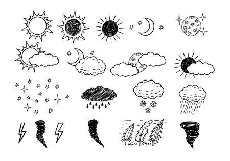Set of vector hand-drawn weather icons. Hand drawn weather icons. Weather sketch icon set for web, mobile and infographics. Weather icon set isolated on white background.のイラスト素材