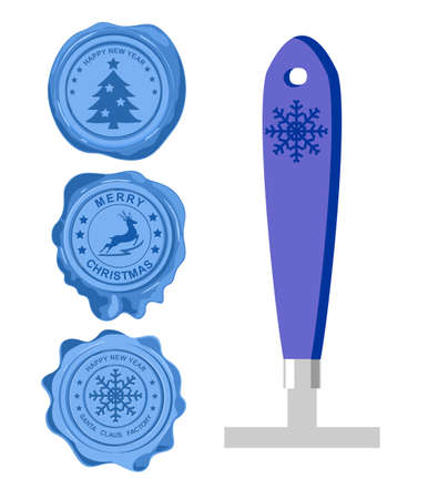 Santa Claus blue wax seal. Christmas wax seal with christmas symbols Santa postage stamps Xmas Santa claus post wax stamp set isolated.のイラスト素材