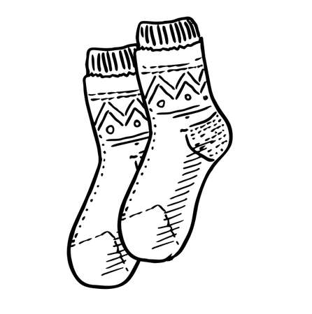 Black engraved knitted socks drawing. Garment for the foot ink hand drawn sketches, separate design elements, hand drawing, vector illustrationのイラスト素材
