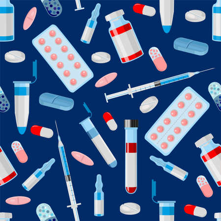 Seamless pattern with vector Medical Icons in flat style. Pills, Ampoules, syringes and capsules in different colors, shapes and sizes, isolated elements. Seamless background, patternのイラスト素材