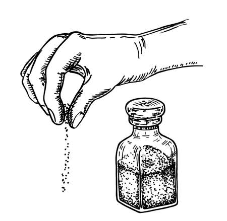 Hand with salt, hands gesture salting food. Salt shaker. Vector cooking symbol hand drawn sketch illustrationのイラスト素材