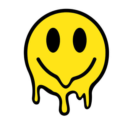 Melting smile. Funny psychedelic surreal techno acid LSD melt smile face. Dripping smile. Good mood. Positive emoji.  Sad face. Vector emoji.のイラスト素材