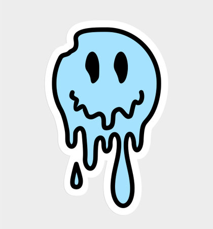Trippy psychedelic Sticker. Melting smiling face. Psychedelic surreal techno acid LSD melt smile face. Dripping smile. Good mood. Positive emoji.のイラスト素材