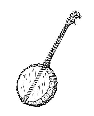American banjo isolated retro musical instrument. Vector four string banjo guitar, chordal accompaniment. Hand drawn sketch Banjo on a white background.のイラスト素材
