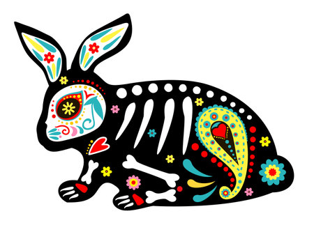 Dead hare, dead rabbit. Day of the Dead Dia de los Muertos style bunny. Animals skeleton bunny and hare skulls and skeleton decorated with colorful Mexican elements and flowers. Fiesta, Halloweenのイラスト素材