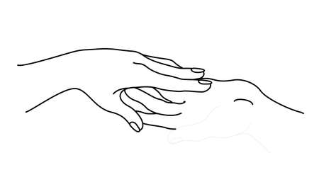 Two hands. Romantic touch of palms of lovers, symbol of family protection, love vector illustration concept of togetherness and safety isolated on white background. Hand in hand. Loving each other.のイラスト素材
