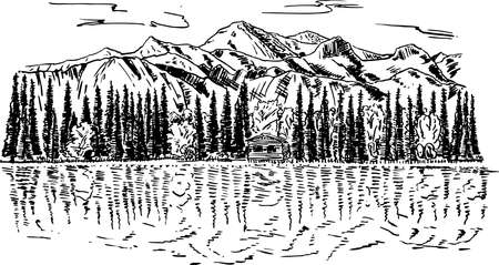 Landscape mountains, forest, river. Hand drawn sketch vector illustration. The mountain landscape is reflected on the lake.のイラスト素材