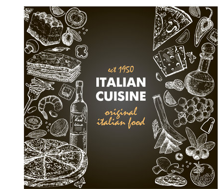 Italian food frame. Set of Italian dishes with farfalle pasta, pizza, ravioli, cheese. Food and drink menu design template. Vintage hand drawing. Engraved image sketch vector illustration.のイラスト素材