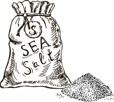 Salt a bag of salt, sea salt. Kitchen salt baking or cooking spice ingredient sketch set. Hand drawn sketch salting and crystal in heap vector illustration isolated on white background.のイラスト素材