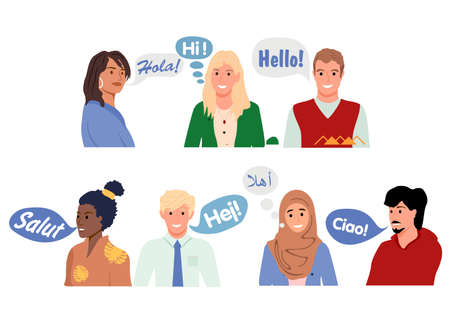 People speaking different languages. Hello greeting in languages and group of people. Friendly men and women from different countries saying hi, word of recognition. Multinational people.のイラスト素材