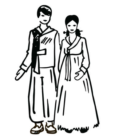 Korean man and woman in traditional clothes. National costume of South Korea. Ink Sketch hand drawn vector illustration.のイラスト素材