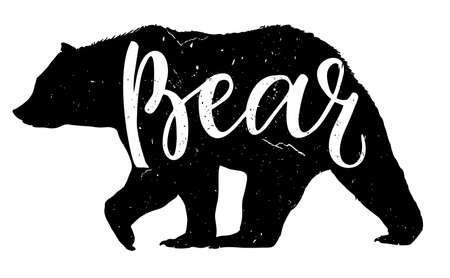 Vector bear silhouette isolated on white background. Walking bear in profile. Inscription in silhouetteのイラスト素材