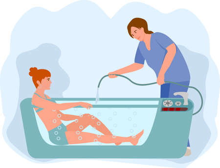 Therapeutic whirlpool bath. Flat therapist character working with disabled patient, rehabilitating physical activity, physiotherapy isolated on white.のイラスト素材