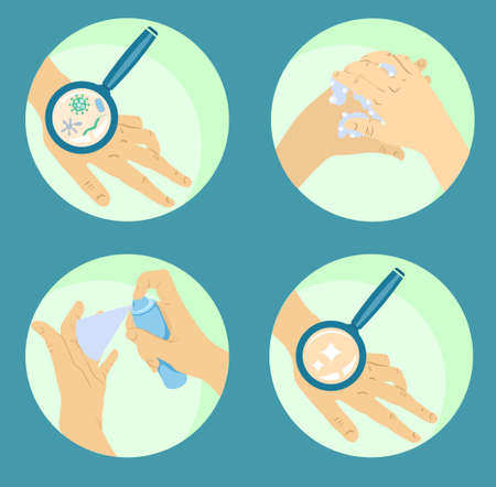 Hand hygiene icons. Icon set of disease prevention protect. Vector sanitizer, antiseptic, antibacterial symbols. Clean hands symbol, icon for websites and print.のイラスト素材