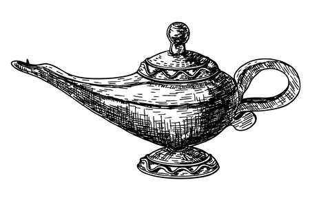 Oil Lamp. Iron or clay lamp isolated icon with decoration. A luminaire that burns oil or fat. Genie Lamp Arab design. Sketch icon. Vector ancient objectsのイラスト素材