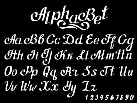 Handwritten calligraphy quote font - letters, white on the blackboard background. Letters written by the pen. Letters of the alphabet written with a brushのイラスト素材