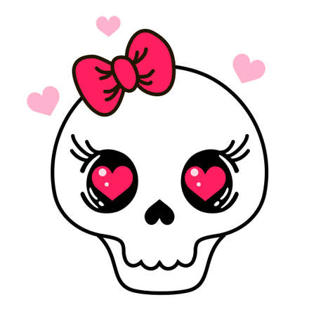 Cute skull with bow vector illustration isolated on white background. Skull emoticon. Bones vector. Skull clipart. Mystical occult object. Cute witchy illustration. Girly T-shirt designのイラスト素材