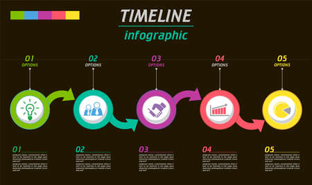 Illustration infographic timeline of five options. Element of chart, graph, diagram with 5 steps, options, parts, processes. Vector business template for presentation. On a black backgroundのイラスト素材