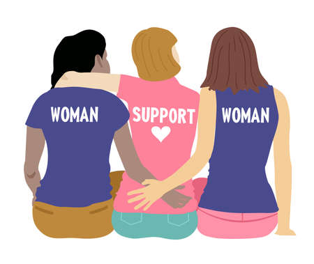 Women support women. Back view of three women supporting each other. Friends hug. The concept of friendship, care and love. Vector flat illustration. Feminism and girl power conceptのイラスト素材