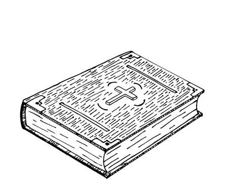 Holy bible book on white background. Bible icon. Old thick book. Hand drawn vector vintage engraving illustration. Vector sketch illustrationのイラスト素材
