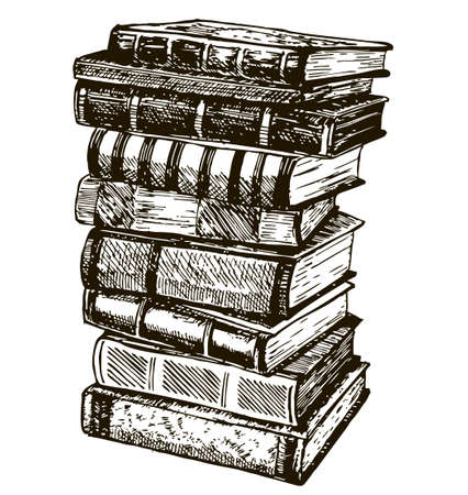 Stack of vintage books isolated on white background. Pile of books hand drawn in inkのイラスト素材