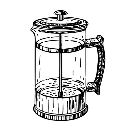 French press for making coffee in vintage style. Tea teapot with press. Barista coffee preparation service concept. Sketch style vector illustration. Brewing cappuccino or espresso. For label or menuのイラスト素材
