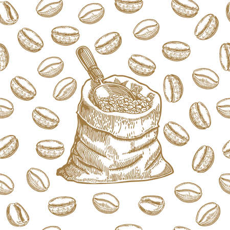Hand drawn coffee seamless pattern. Coffee bag sketch.のイラスト素材