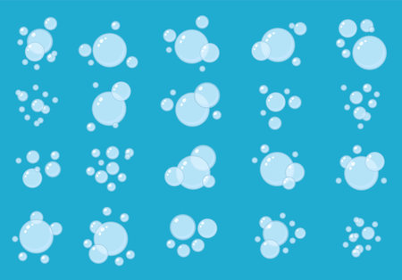 Abstract seamless pattern. Flying transparent soap bubbles on blue background. Soap foam, carbonated drink, oxygen bubbles pictogram, fizzy effect vector illustrations, signs. Vector textureのイラスト素材