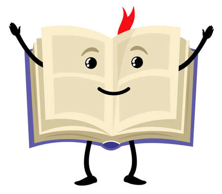 Cute textbook character. Humanities book. Smiling happiness human book. Open paper textbook for study exercise, cartoon character icon vector illustration isolated on white backgroundのイラスト素材