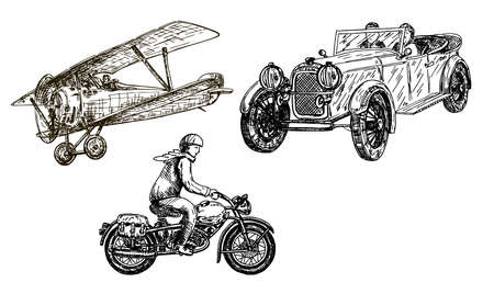 Motorcycle, Car or auto. Vintage custom label badge. Illustration for t shirt. Monochrome retro style. Classic motorbike. Retro transport. Hand drawn engraved sketchのイラスト素材